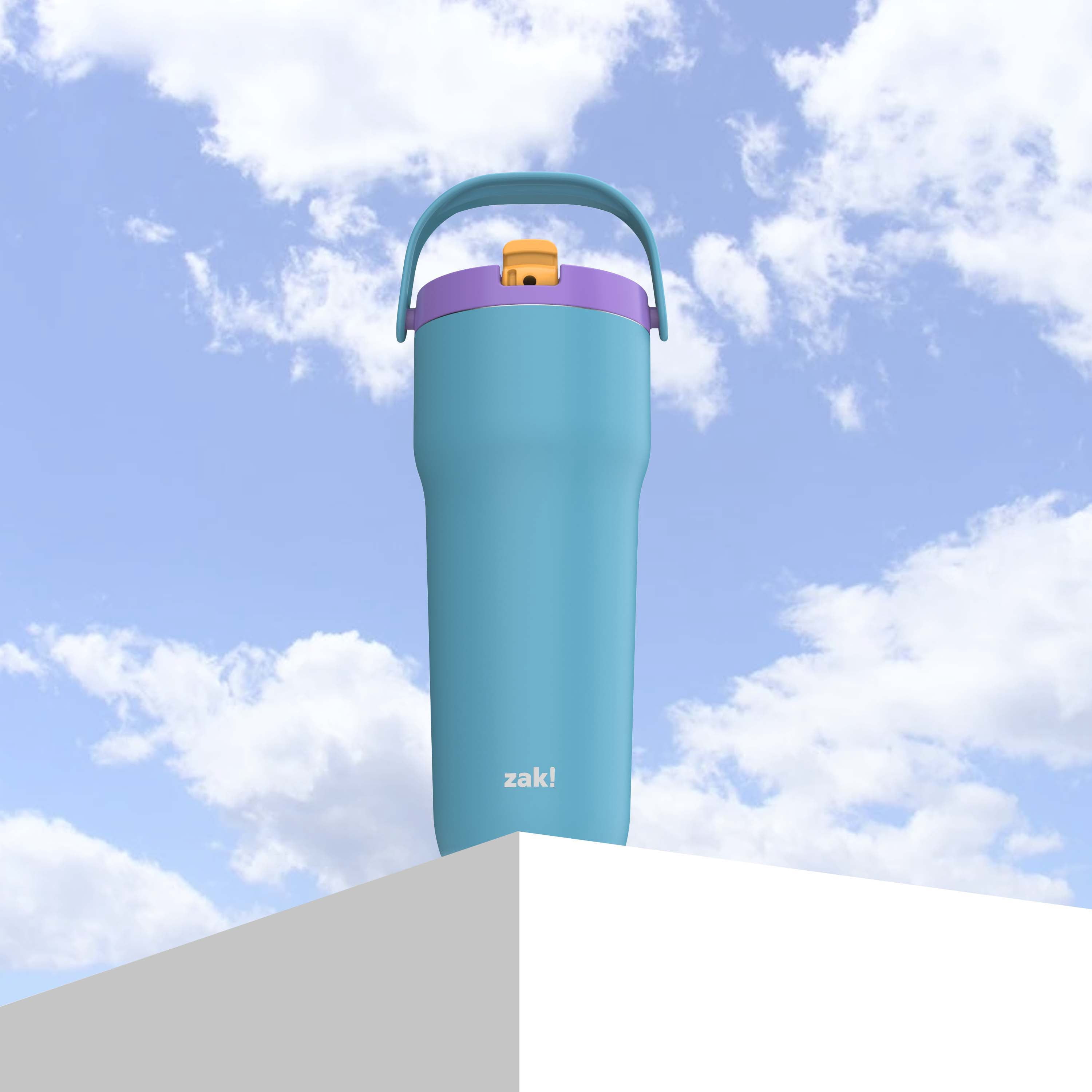 Zak Designs Sutton Travel Tumbler for On the Go, 30oz Stainless Steel with Vacuum Insulation, Straw Spout, Carry Handle for Cold Drinks (Turquoise)