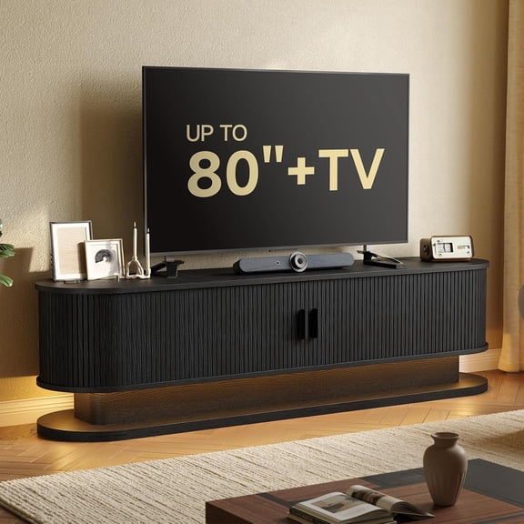 70" TV Stand for 80 Inch TV, LED Lights & Power Outlet, Black Fluted Entertainment Center, TV Console with Sliding Door, Cable Holes, Mid Century Modern Style