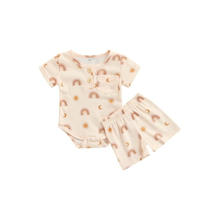 

Sunisery Newborn Baby Boys Girls 2Pcs Waffle Clothes Short Sleeve Rainbow Print Romper Jumpsuit Tops+Shorts Beige 3-6 Months