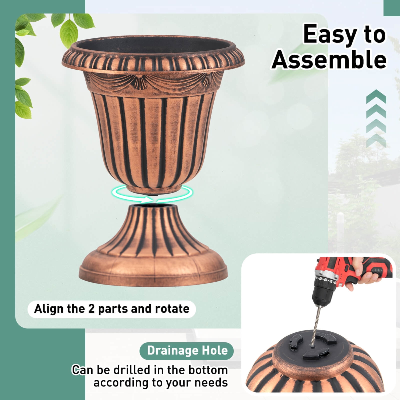 Costway 18 inch Tall Vintage Planters Set of 2 with Pedestal Base & Pre-marked Drain Hole Bronze