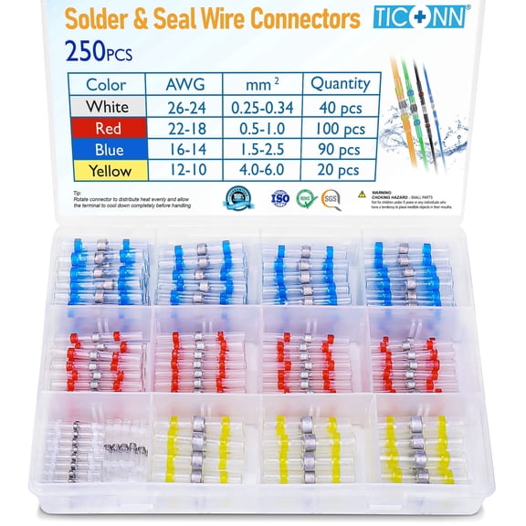TICONN 250pc Solder Seal Wire Connectors, Waterproof Heat Shrink Butt Splices