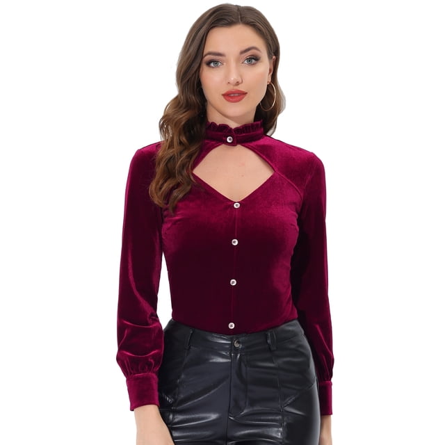 INSPIRE CHIC Blusa de terciopelo de manga larga elegante gótica con cuello levantado y volantes para mujer Vino rojo S