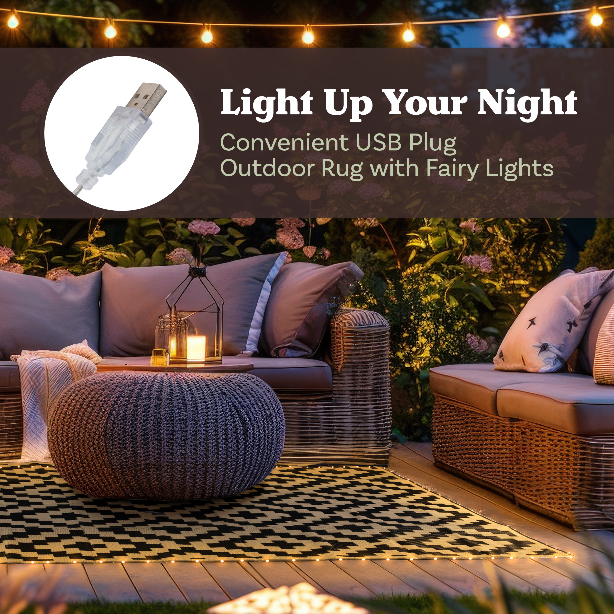 Pure Garden 8x10 Waterproof Outdoor Patio Rug with LED Lights, Brown