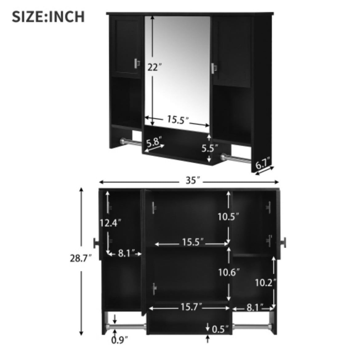 35"x 28" Wall Mounted Bathroom Medicine Cabinet with Mirror, Bathroom Storage Cabinet with Towel Bar, Adjustable Shelves, 3-Door MDF Wall Cabinet, Black