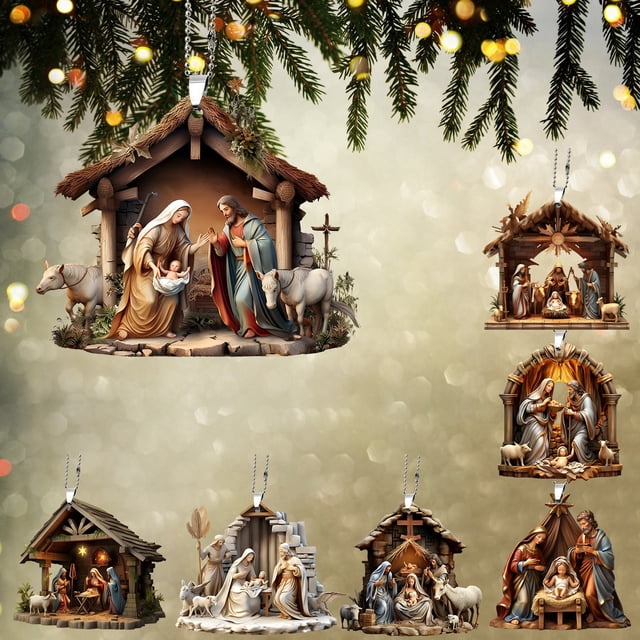 LSLJS Christmas Nativity Ornaments Christmas Decorations 3 D Printing Effect Acrylic Keychain Decorative Pendant Car Ornaments Rearview Mirror Hanging Religious Supplies, Clearance