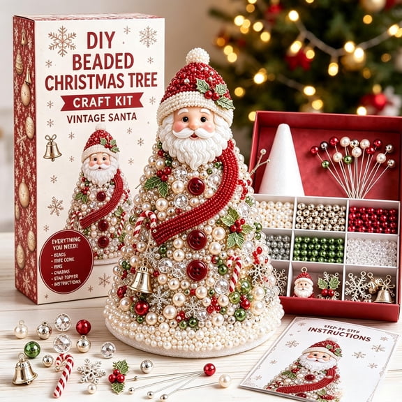 DIY Beaded Christmas Tree Kit, DIY Vintage Santa Set with Beads and Pins, Handmade Holiday Decor for Adults and Crafters