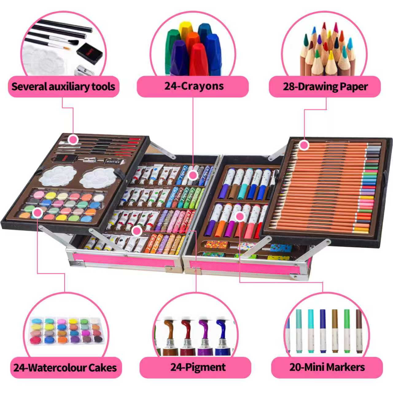 KINSPORY 139 pack Deluxe Portable Double Layers Coloring Drawing Kit with Sketch Pads, Art Set Gift for Artist Adults Beginners Kids (Red)