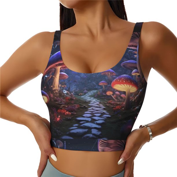Fotbe Jungle Path Glowing Mushrooms Sujetador Deportivo Largo sin Aros para Mujer con Almohadillas y Soporte Medio, Transpirable y Absorbente, Camiseta Tipo Chaleco o Tank Top-Large