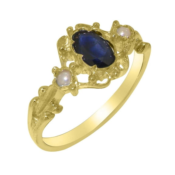 LBG British Made 10k Yellow Gold Natural Sapphire & Cultured Pearl Womens Anniversary Ring - 33 size options - Size 10