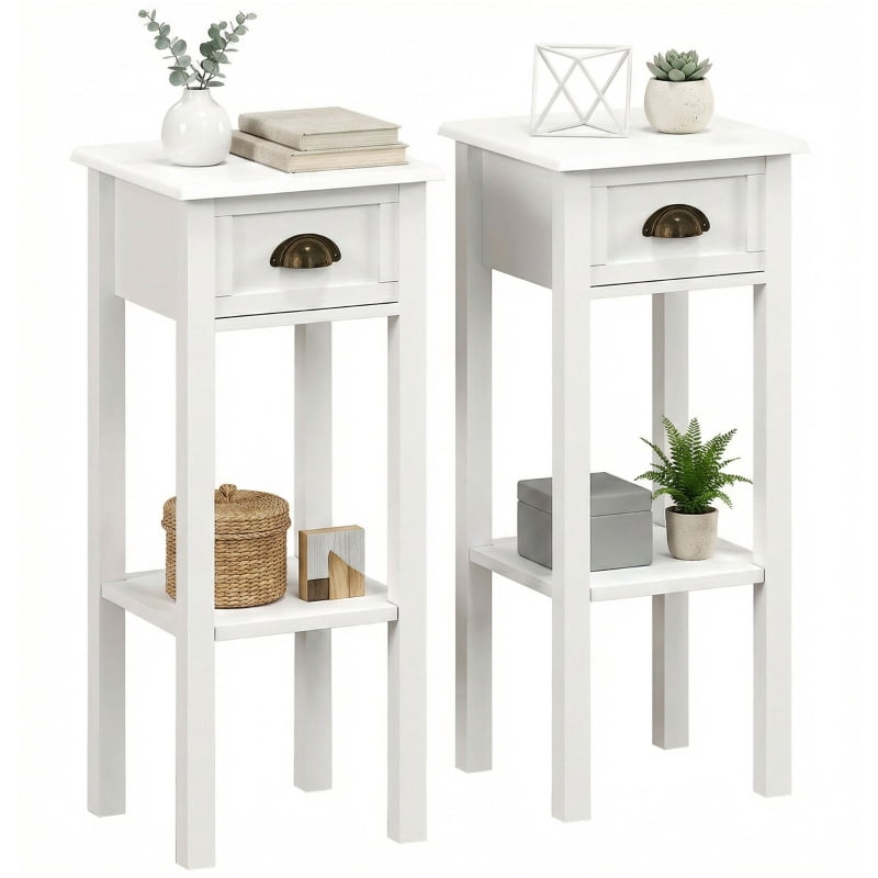 HOQBN 2-Tier Side Tables Set of 2 with Drawer and Shelf, 2-Piece Bedside Table Set for Living Room and Hallway, White