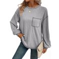 thumbnail image 4 of Women's Long Sleeve Blouses Women's Stripe Brushed Solid Color Round Neck Pocket Casual Loose T-shirt Long Sleeved Round Neck Top, S-2XL, 4 of 7