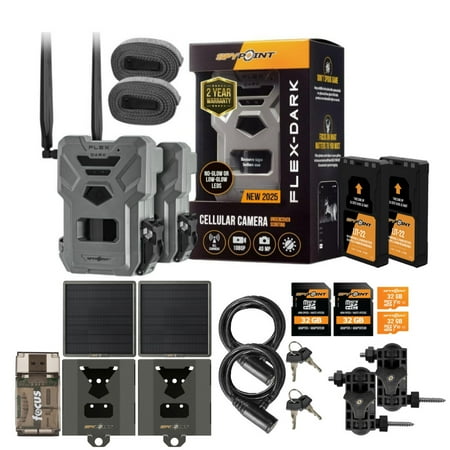 Spypoint FLEX-DARK GPS-Enabled Cellular Trail Camera (Gray) Bundle with 2x Solar Panel 2x Battery Pack 2x Security Box 2x Mounting Arm 2x Memory Card 2x Cable Lock and Card Reader (14 Items)