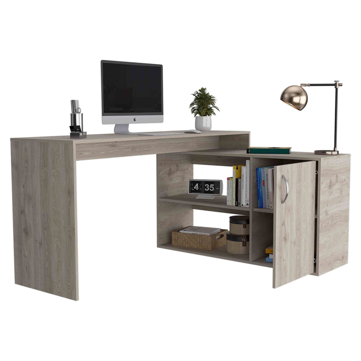 Asteroutdoor Axis Modern L-Shaped Computer Desk with Storage, Light Gray