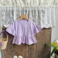 thumbnail image 3 of Toddler Baby Girls Cute Shirts Kids Bell Sleeve Tops Basic Solid Color Ruffle Short Sleeve T-Shirt Casual Peplum Crewneck Blouse Tees, 3 of 5