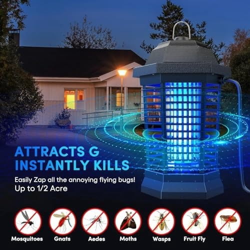 Bug Zapper Outdoor, Electric Mosquito Zapper, Fly Zapper Indoor Fly Traps, Mosquito Repellent Outdoor Patio and Backyard Covers 1/2 Acre, 3 Prong Plug, 4200V, ABS Fireproof Plastic Outer