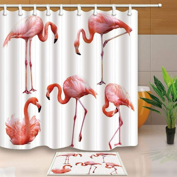 BOSDECO Dancing Pink Flamingo in White Shower Curtain 66x72 inches with Floor Doormat Bath Rugs 15.7x23.6 inches