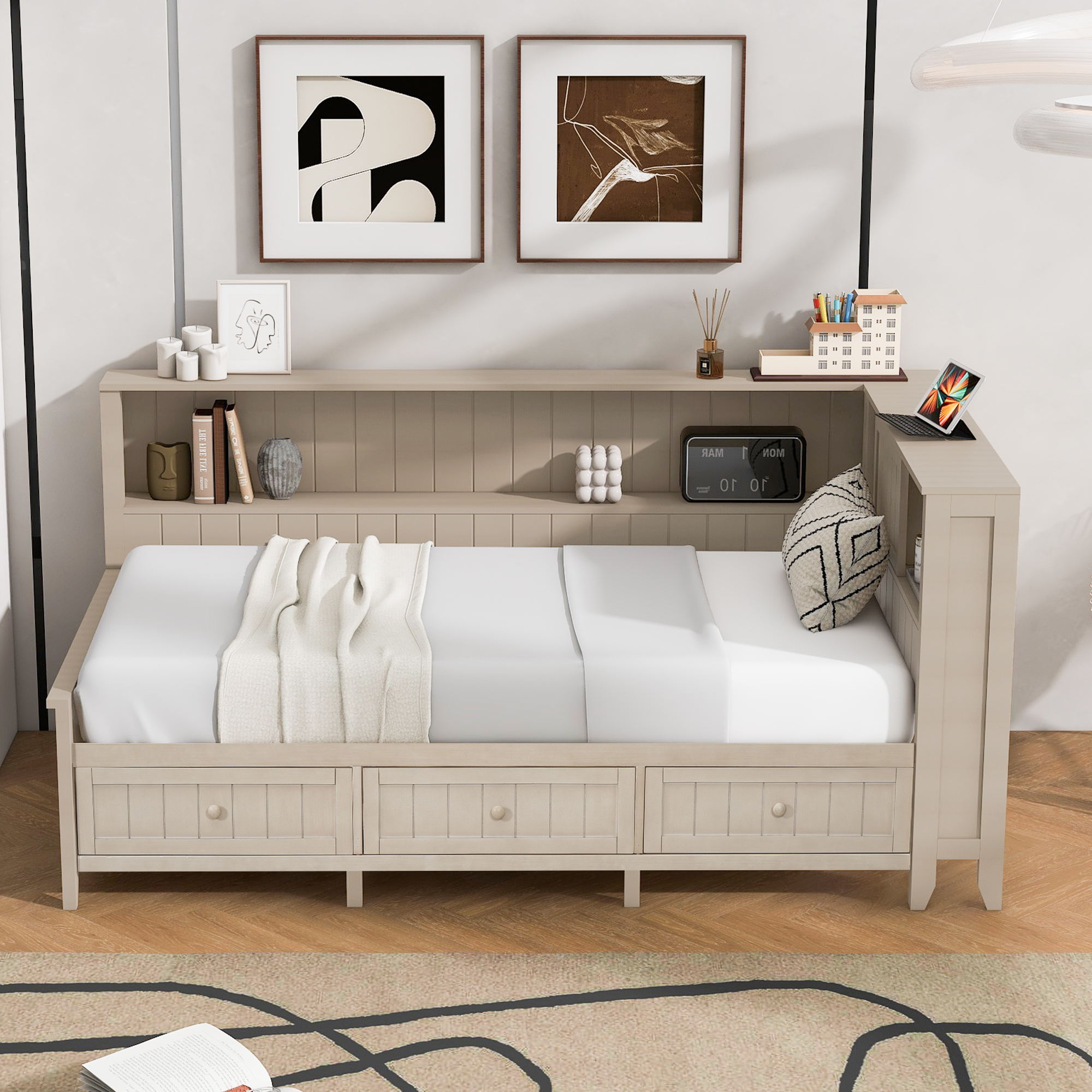 Euroco Wood Twin Size Daybed with Storage Shelves and Drawers