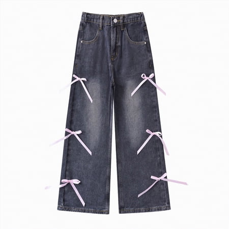 Gubotare Girls Wide Leg Pants Girls Jeans Elastic Mid Waisted Wide Leg Denim Pants Fashion Heart Pattern Baggy Casual Kids Jean Pants Size 11-12 (Grey 11-12 Years)