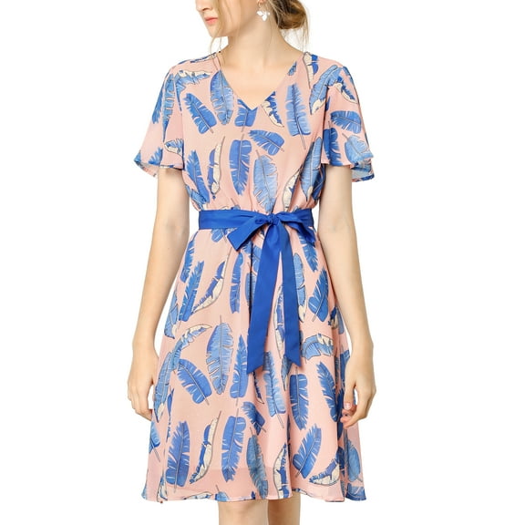 MODA NOVA Junior's Leaf Print Flutter Sleeve V Neck Belted Chiffon a Line Midi Dress