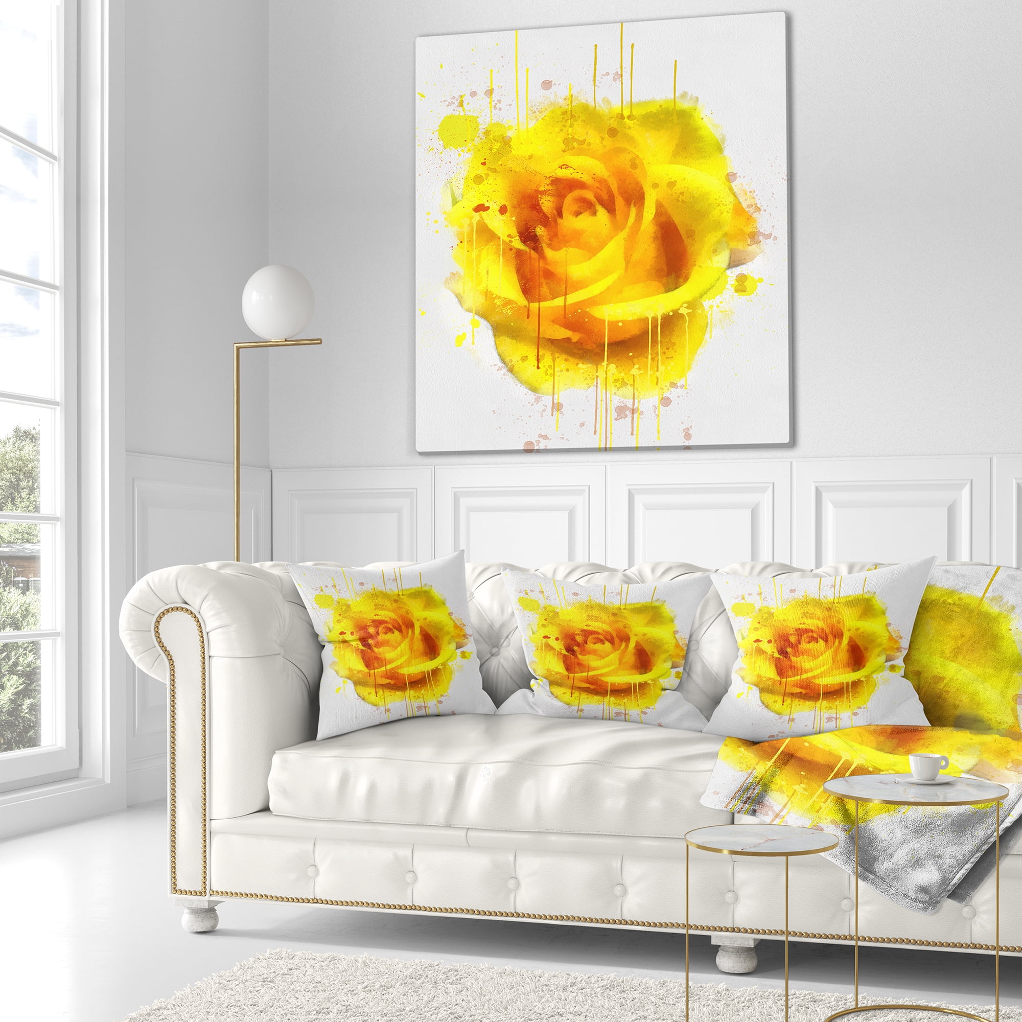 Designart Beautiful Rose in Yellow Watercolor - Floral Throw Pillow - 18x18