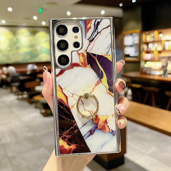 SaniMore for Samsung Galaxu S23 Ultra 6.8" 2023 Case with 360 Rotating Ring Bracket, Unique Fashion Marble Print Pattern Soft TPU Slim Fit Protective Shockproof Stylish Girly Stand Case, Black/White