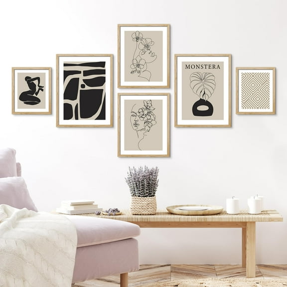 PixonSign Framed Canvas Print Wall Art Set - Polygon, Flower Woman, Monstera Black & Tan Poster Art - Collage Print Gallery Set of 6 Abstract Illustrations Wall Décor for Home - Natural