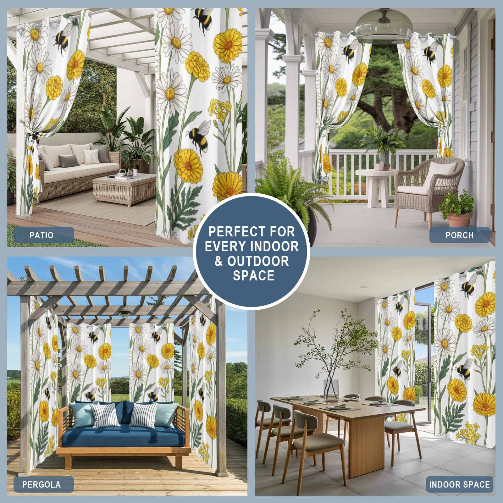 Summer Daisy Outdoor Curtains for Patio, White Yellow Flower Bee Pastoral Floral Leaves Sunshade Privacy Drapes Grommet Waterproof Outside Curtains for Porch/Cabana/Balcony 54"x 108", 1 Panel