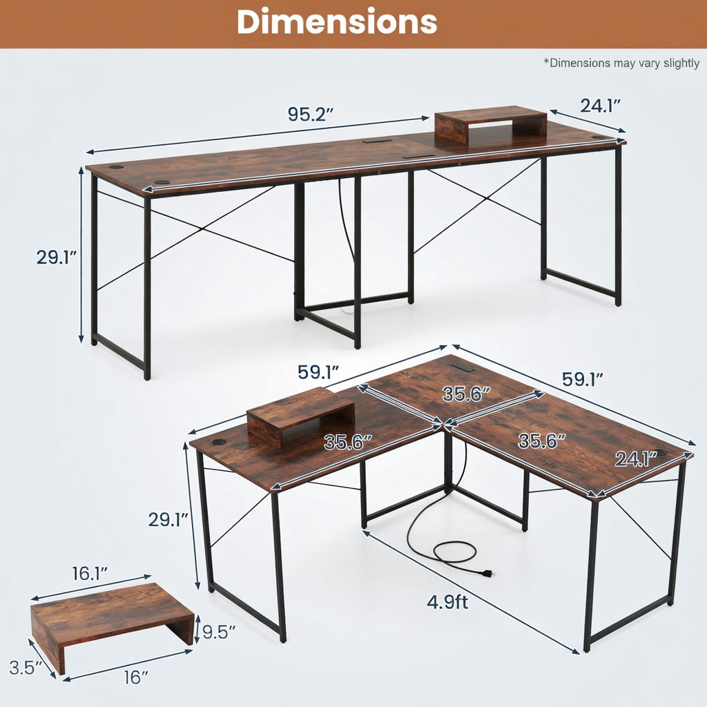 Demi Bonn 95" 2-Person L-Shaped Long Reversible Computer Desk with Monitor Stand, Small Home Office Desk Study Writing Table, Rustic Brown