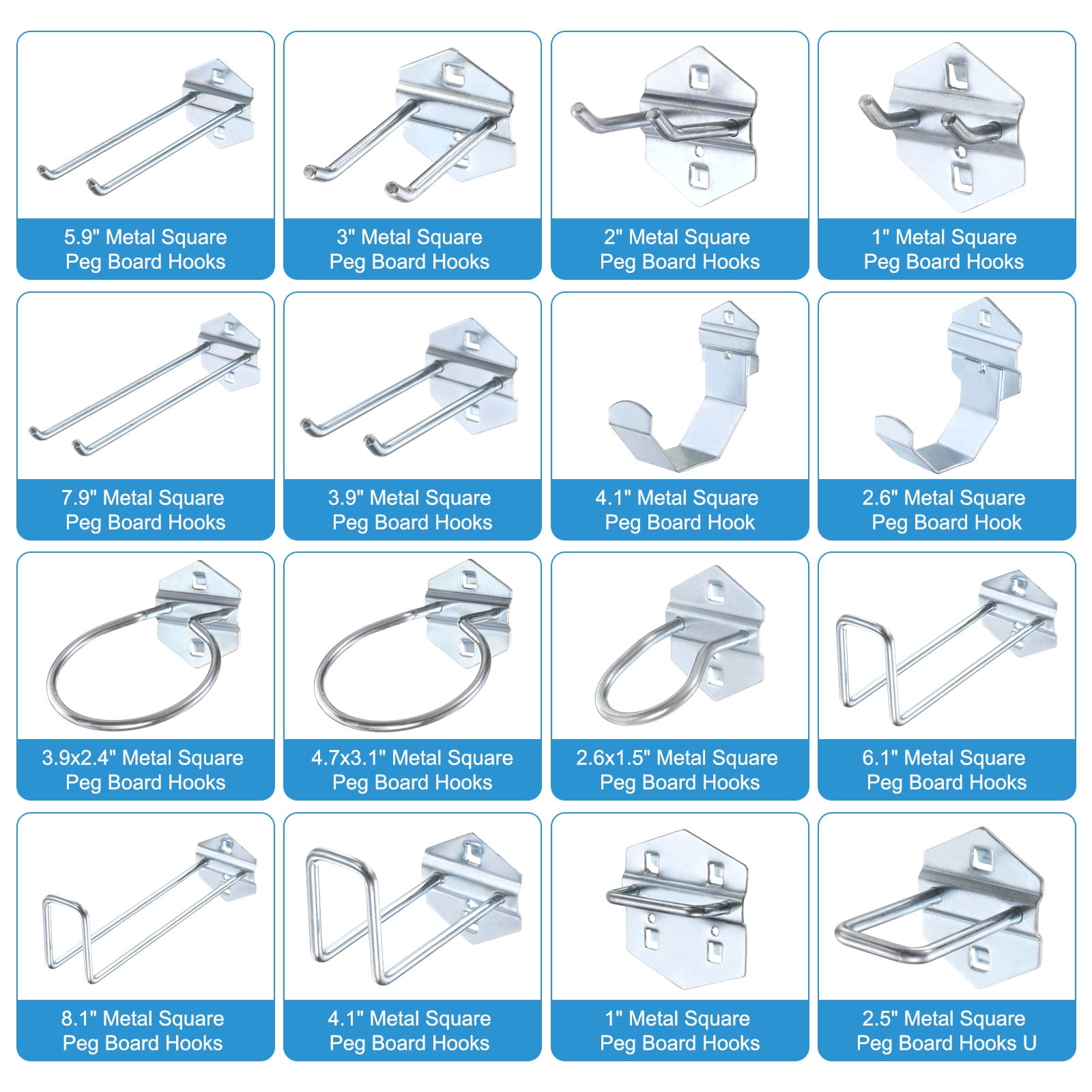 Uxcell 10Pcs Metal Square Peg Board Hooks, 5.9" Heavy Duty Square Hole Peg Hook for 3/8" Spaced Pegboards, Silver