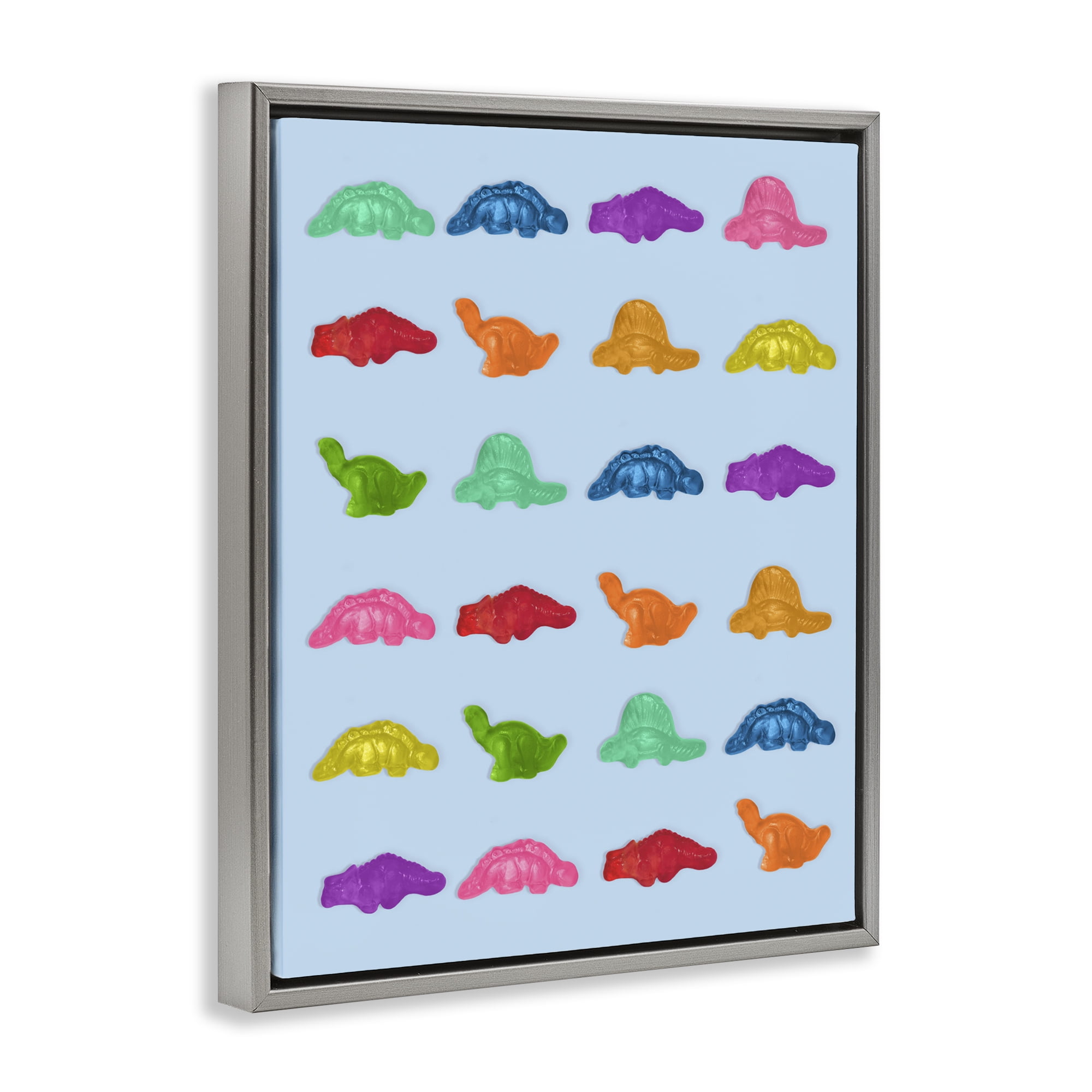 Stupell Industries Colorful Dinosaur Gummies Gray Framed Floater Canvas Wall Art, design by LISH Creative