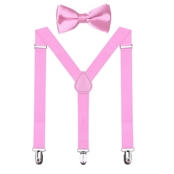 GUCHOL Child Kids Pink Suspenders Bow Tie for Girls Adjustable Elastic Classic Accessory Sets Age 1 to 13 Year (Pink, 33 INCH (6-13 Year)