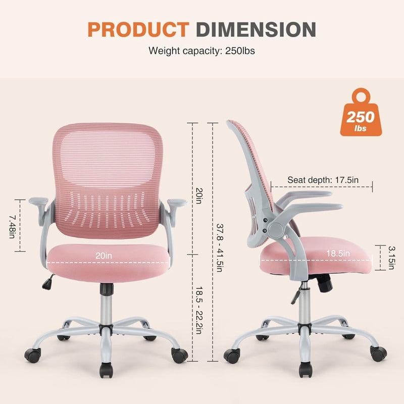 Kelno Ergonomic Office Chair Adjustable Height Draft Chair Rolling Swivel Desk Chair, Pink