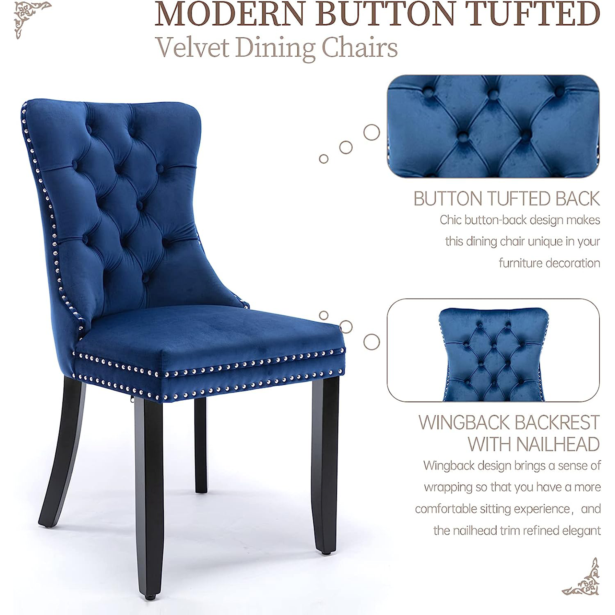 Btmway Tufted Velvet Dining Chairs Set Of 2 Blue Upholstered Armless Chair With Nailhead Trim 4119