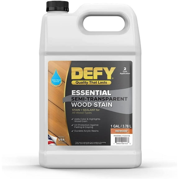 DEFY Essential Semi-Transparent Outdoor Wood Stain and Sealer in One, 1 Gallon, Redwood - Wood Sealer Outdoor Waterproof Deck Stain