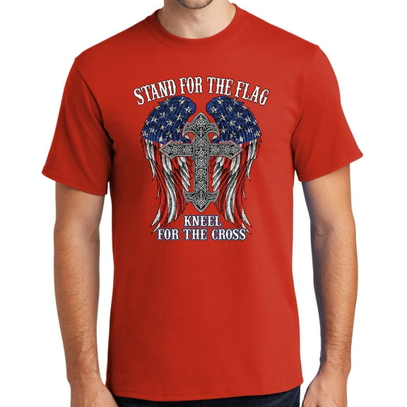 Mens Kneel for the Cross, Stand for the Flag Tee Shirt, Large Fiery Red