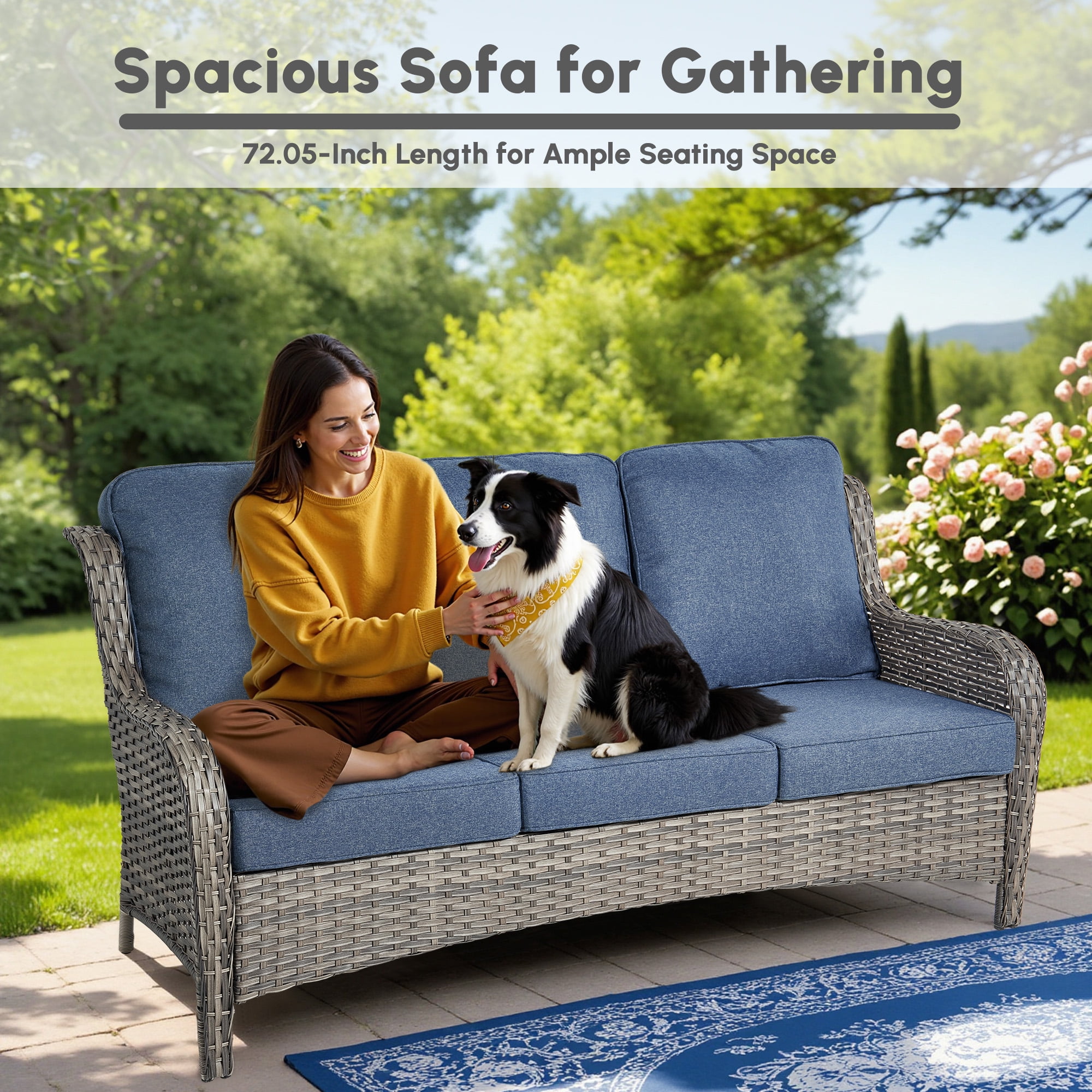 Ovios 7 Pieces Patio Furniture Set High Back All-Weather Wicker Sectional Outdoor Conversation Set with Swivel Chairs & Solar-Powered Coffee Table for Deck, Backyard, or Garden, Denim blue