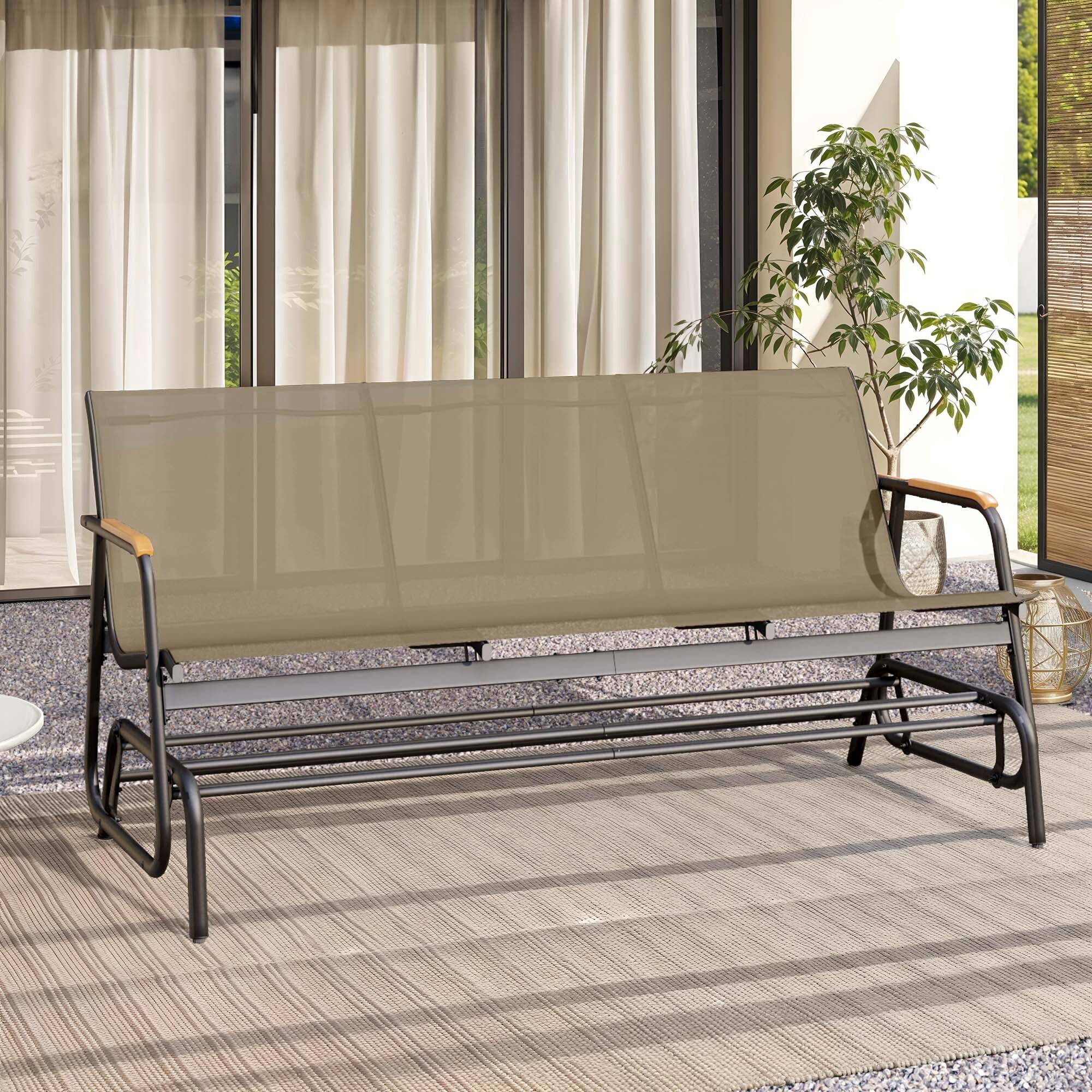Uforic 3-Seat Patio Glider Bench, Outdoor Porch Swing with Breathable Textilene Mesh Fabric, Brown