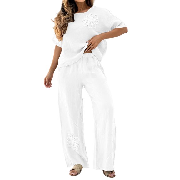 QIYAGBSA 2 Piece Outfits for Women Round Neck Short Sleeve Top and Wide Leg Pants Set with Floral Applique for Summer Vacation (White, L)