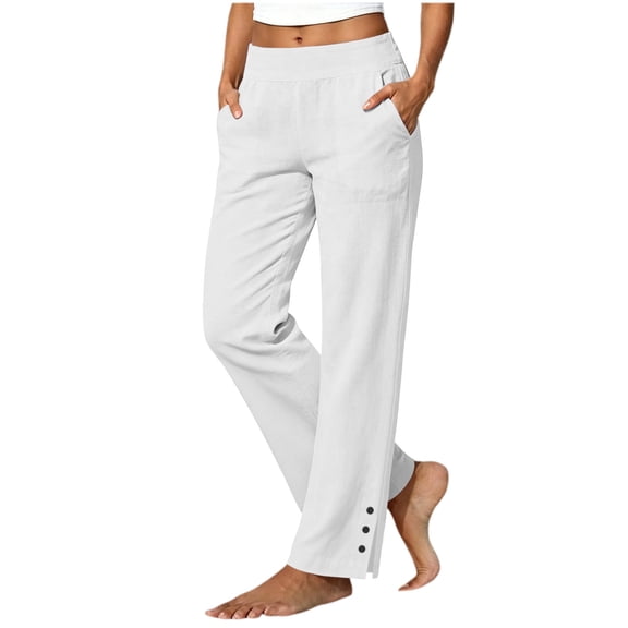 Linen Pants for Women High Waist Straight Dress Wide Leg Pants Business Casual Summer Beach Trousers with Pockets