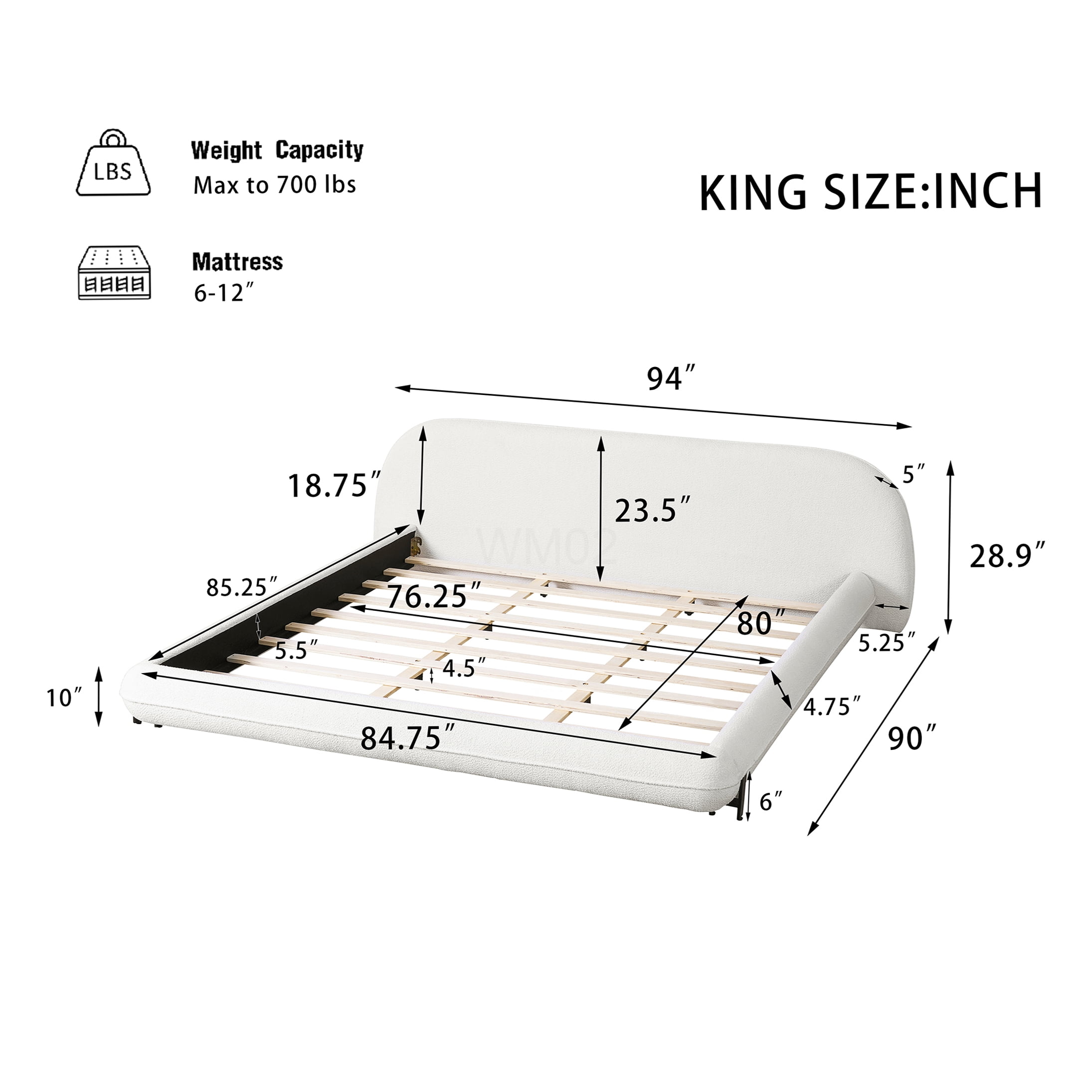 White King Size Upholstered Platform Bed Frame with Curved Boucle Headboard, No Box Spring Needed, Strong Wood & Metal Support