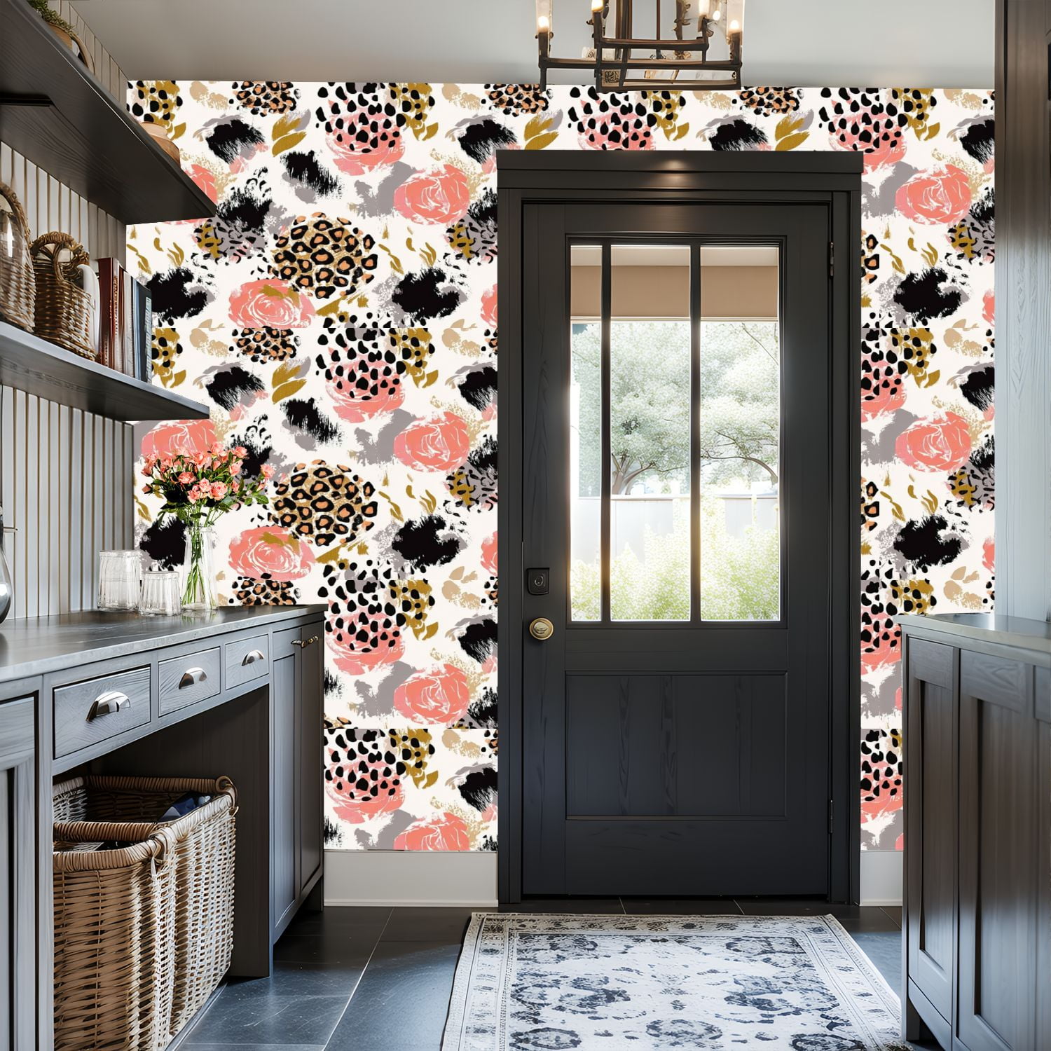 Vintage Peel and Stick Wallpaper Floral Leopard Print Bold Brushstrokes Pink Black Gold Tones Wall Mural 17.7in x 9.8ft Removable Wall Paper Renter Friendly Wallpaper for Nursery Bedroom Cabinets
