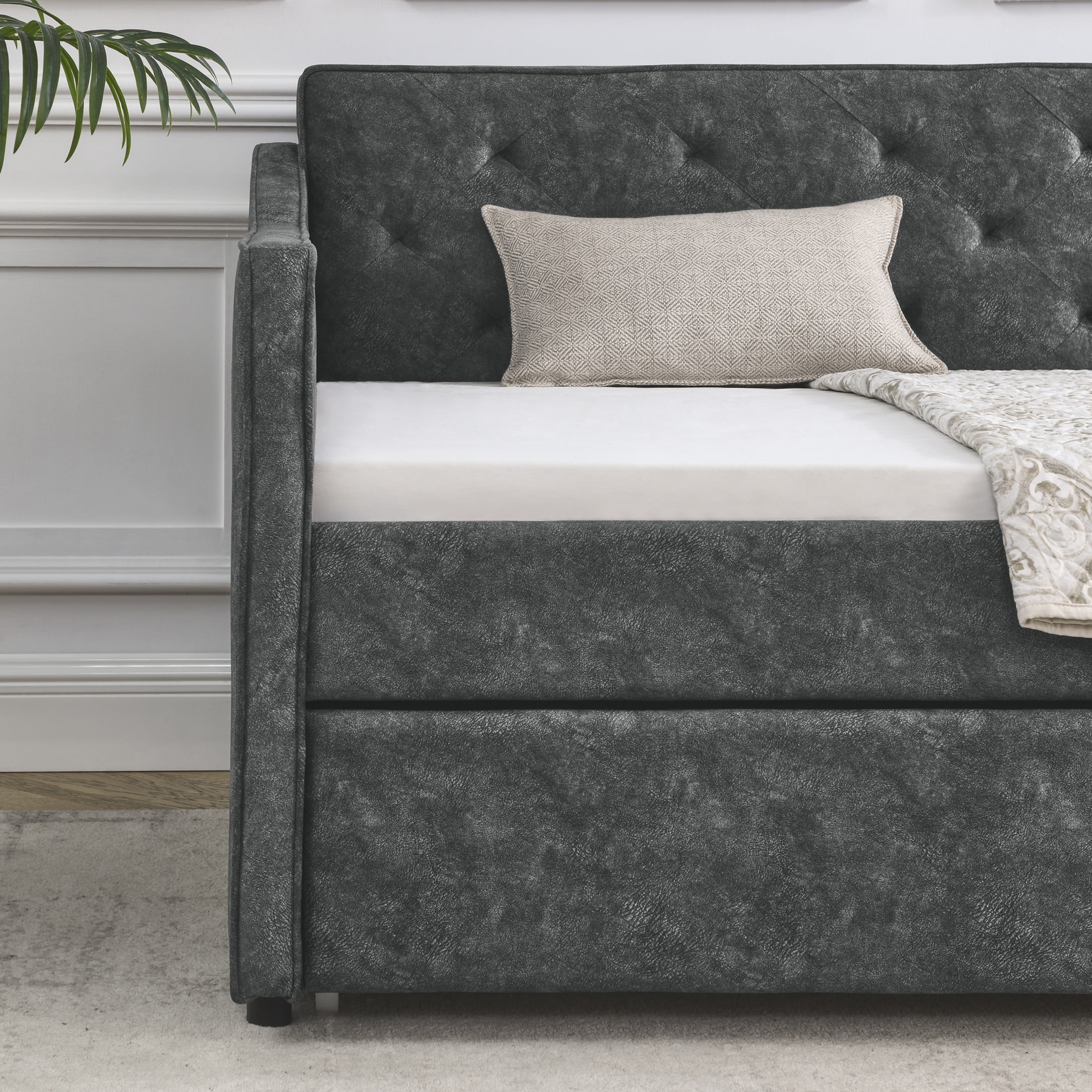 Noble House Veltria Twin Size Daybed, Upholstered Tufted Sofa Bed with Rolling Hidden Trundle, Waved Shape Arms, Gray