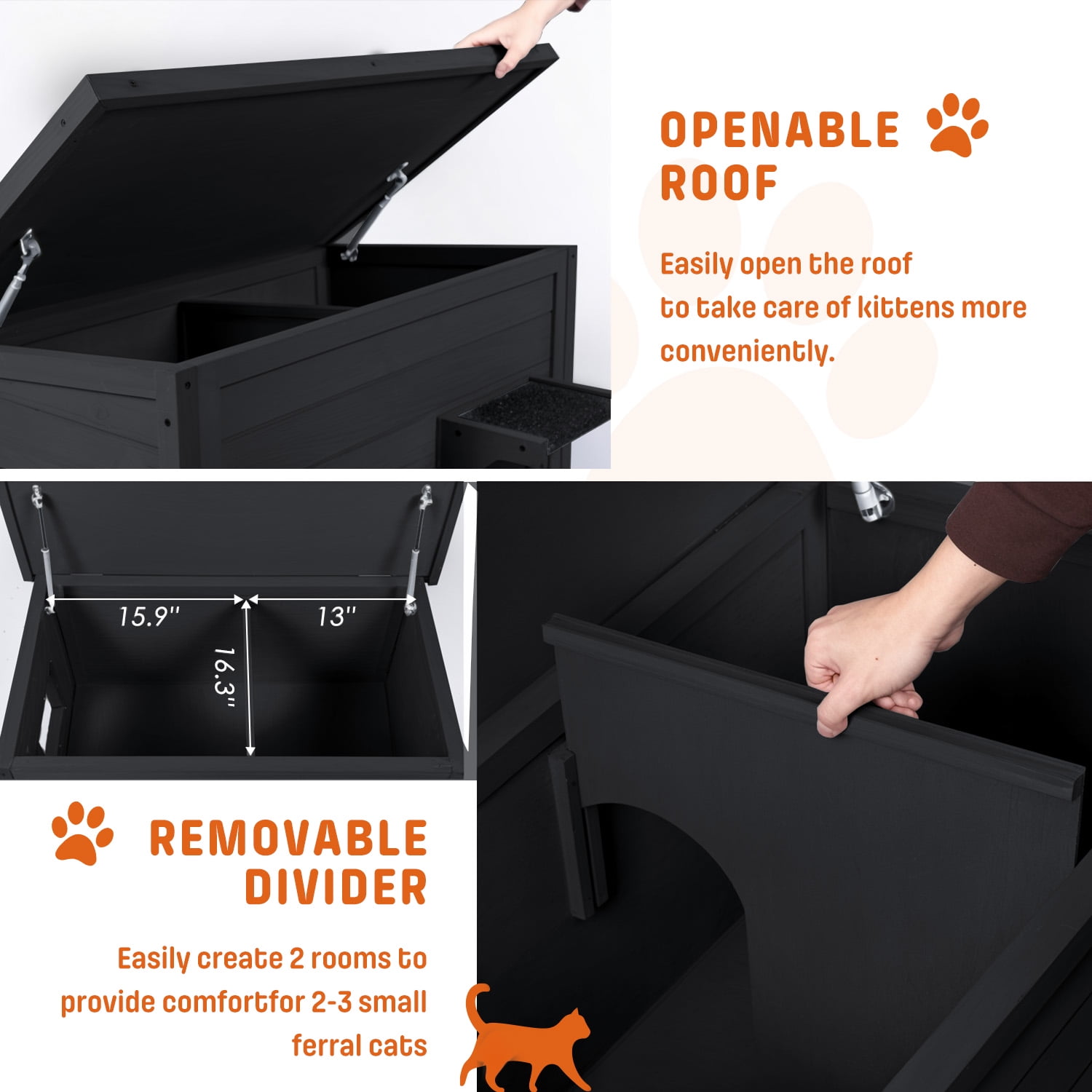 FODINGHILL Outdoor Cat House,Waterproof Cat Shelter for Winter,Feral Cat House Outdoor,Black