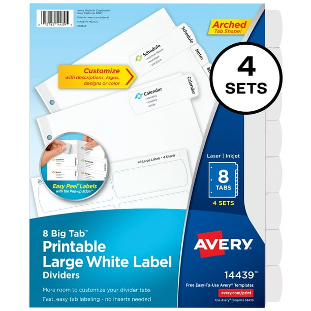 Avery Big Tab Printable Large White Label Dividers with Easy Peel, 8
