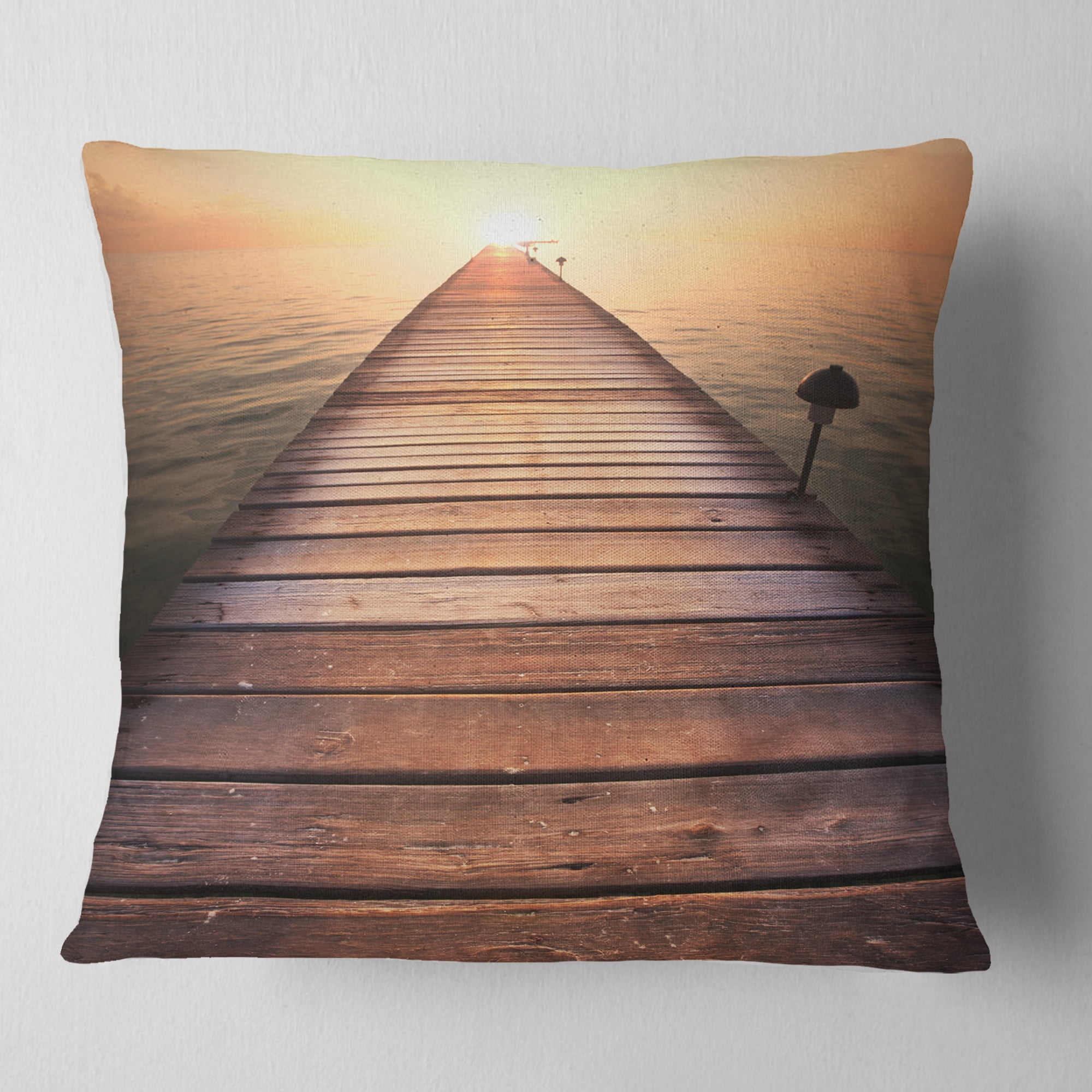 Designart Long Wooden Boardwalk into Sea - Seashore Throw Pillow - 16x16