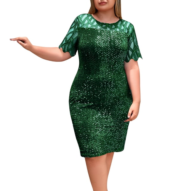 Wo-Fusoul Robe à Paillettes Grande Taille pour Femmes, Manches Courtes, Tenue Décontractée et de Fête, Design Confortable à Col Rond avec Tissu Extensible pour Diverses Occasions
