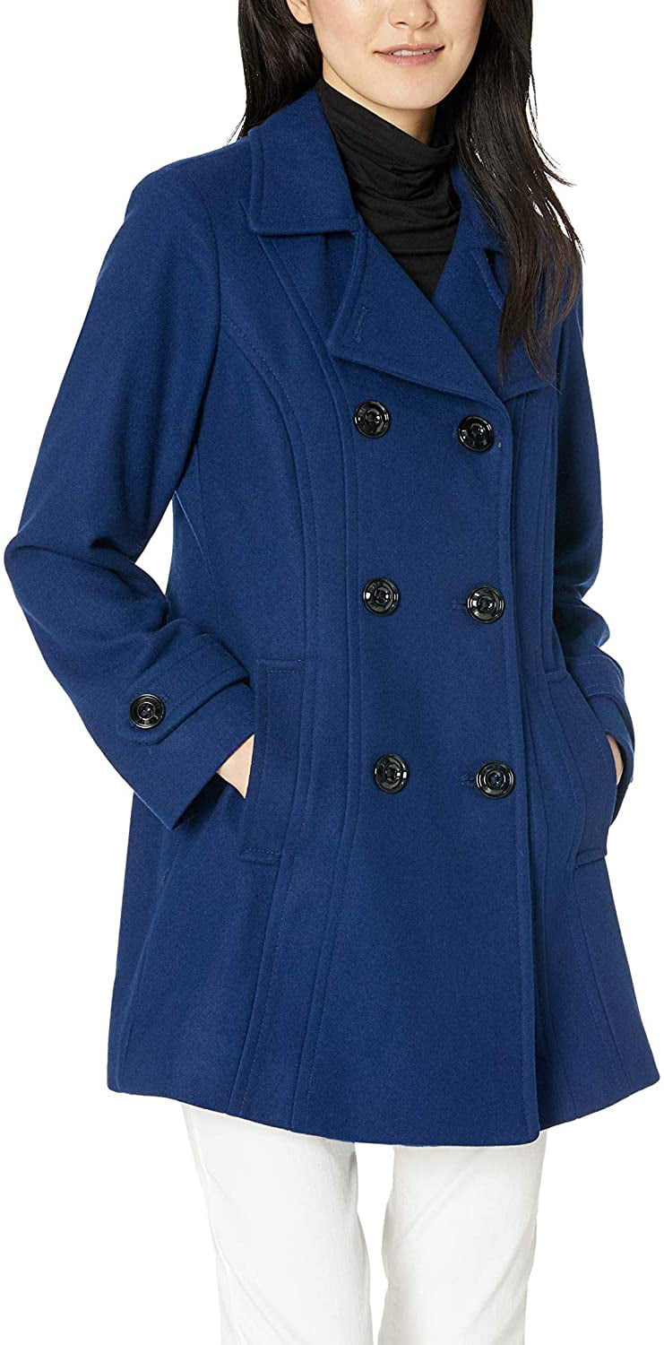 Anne Klein Women's Classic Double Breasted Coat, Blue Print, Small ...