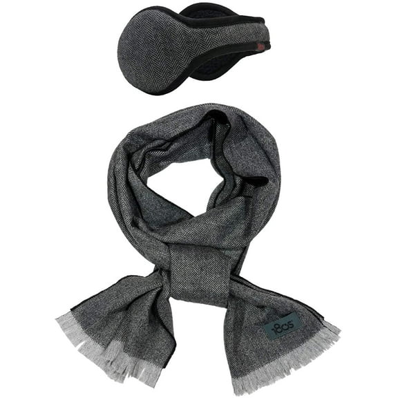 180s Gift Set, Men's American Wool Black & Gray Ear Warmer & Scarf
