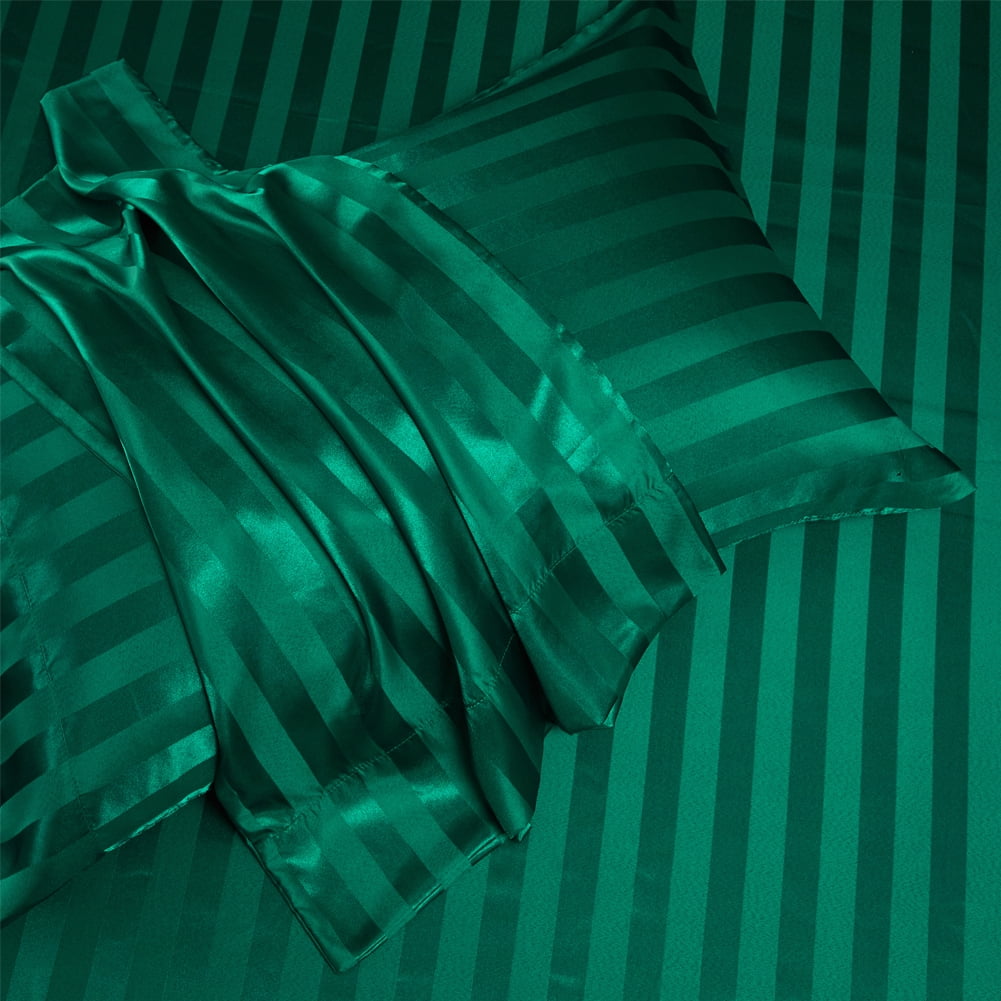 AiMay Italian Style  6 Piece Satin Bed Sheet Set Stripes Super Soft Deep Pocket 1800 Luxury Rich Silk 1 Flat Sheet 1 Fitted Sheet 4 Envelope Pillowcases Stain-Resistant Wrinkle Free (Queen,Green)