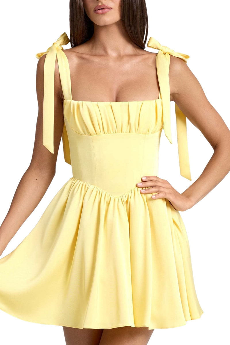 Smocked Ruched A Line Swing Dress Layered Tie Shoulder Flowy - Dress Yellow L